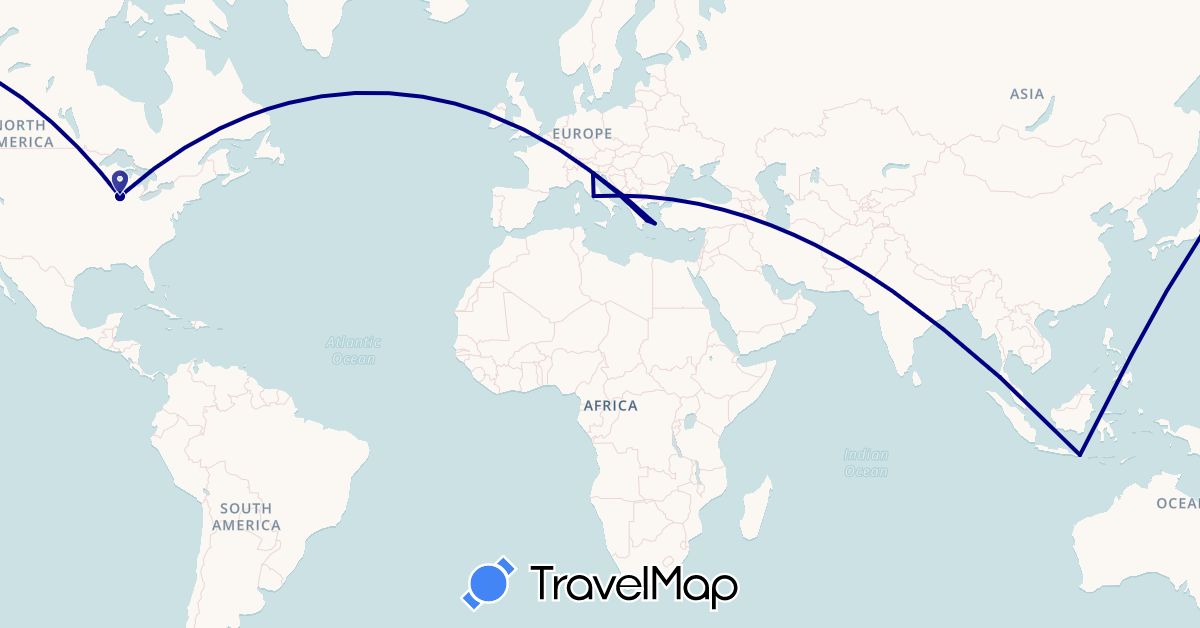 TravelMap itinerary: driving in Greece, Indonesia, Italy, Thailand, United States (Asia, Europe, North America)